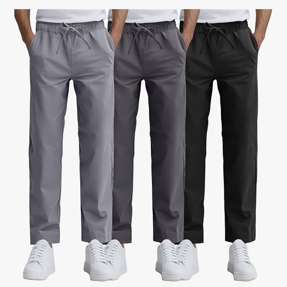 Ficerd 3 Pack Mens Casual Chino Pants, Summers Lounge Elastic Waist Drawstring
